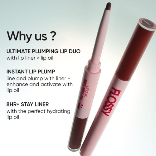 Image of Flossy Cosmetics The Fine Line Plumping Lip-Duo - Blocked | Lip Liner & Lip Oil for Fuller Looking Lips | Long-Lasting Lip Contour, Hydrating Glossy Finish | Vegan & Cruelty-Free, 4g