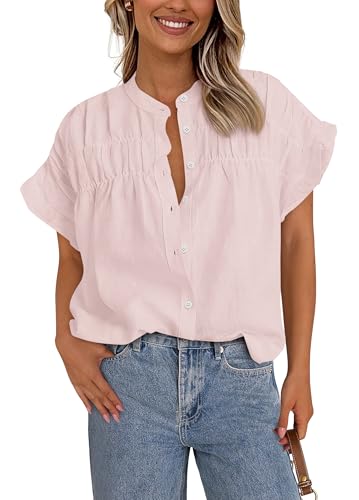 MASCOMODA Womens 2025 Button Down Shirts Ruffle Short Sleeve Loose Summer Tops Dressy Casual V Neck Business Work Blouses