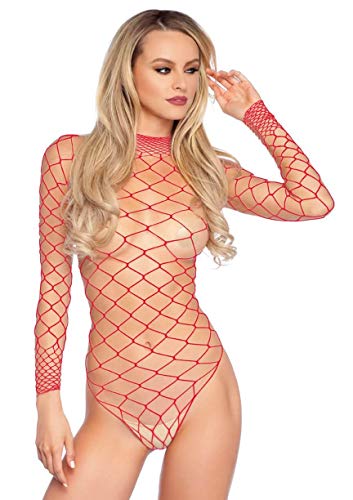 Leg Avenue Women's Fence Fishnet Long Sleeve Bodysuit and Panty Sexy Lingerie Set, Red, One Size