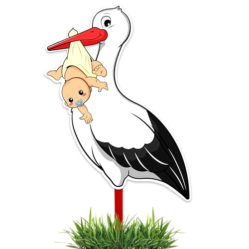 GLÜCKSGUT® Klapperstorch Baby Gelb, 88 cm | 2-teiliges Set | Geburtsstorch inkl. Bambusstab + Grußkarte | Storch Geburt für Draussen & Drinnen | Geburtsgeschenk