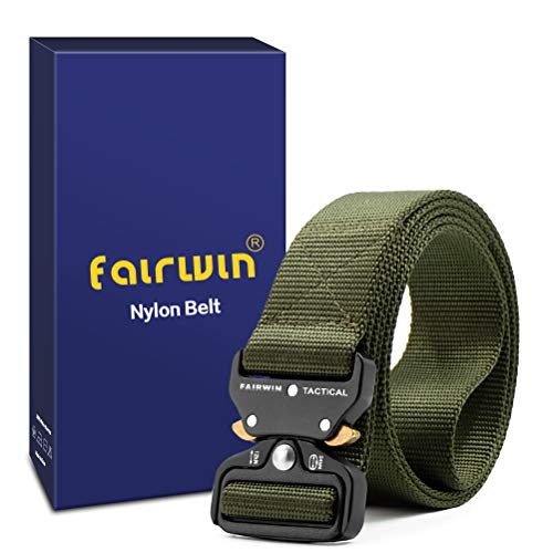 Fairwin Tactical Belt, Military Style Webbing Riggers Web Belt Heavy-Duty Quick-Release Metal Buckle (Green, M - Waist 36"-42") #TOP1