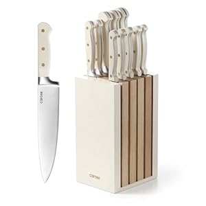 CAROTE 11 Pieces Knife Set with Block for kitchen, Stainless Steel Razor-Sharp Blade, Triple Riveted Ergonomic Handle, Wooden Magnetic Block, Essential Knife Block Set, Beige