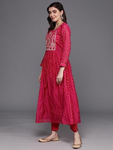 Image of INDO ERA A-Line Embroidered Chanderi Silk Kurta With Pant & Dupatta Set For Women
