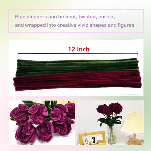 Image of Pipe Cleaner Set, 200 Pcs, with Floral Wires and Floral Tape, Chenille Stems for Tulip Bouquet Making, Kids DIY Craft Projects and Decorations (Maroon Green kit)