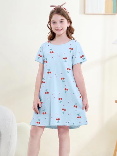 QZH.DUAO Girls Nightgowns Softness Summer Nightdress Cotton Sleepshirts Breathable Sleepwear, Blue & Cherry, 11-12 Years = Tag 1602