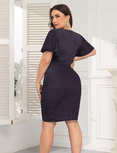 Image of CYCLAMEN 1X-4X Plus Size Sparkle Glitter Ruched Bodycon Mini Wrap Dress Sparkly Sequin Dresses Ruffle Sleeve Party Cocktail