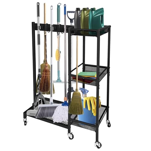 Carro de Limpieza 3 Estantes, Soporte para Escobas y Organizador Móvil con 6 Ruedas, para Hogar, Hotel, Escuela (Carga 50kg)