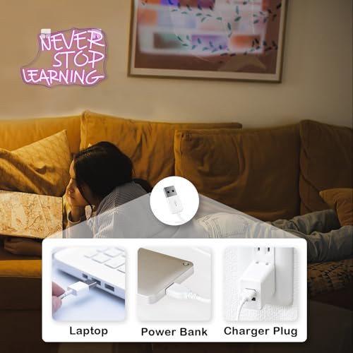 Image of Looklight Never Stop Learning Neon Sign,Purple LED Wall Neon Light,Letters Neon Light Sign for Wall Decor,USB Light Up Signs for Home Offices,Study Rooms,Classrooms,Libraries,Creative Workspaces