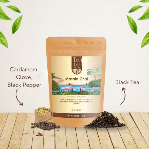 Image of Tealeaf & Co. Masala Chai - Loose Leaf Black Tea Blended with Organic Spices (Ginger, Cardamom, Black Pepper & Cloves Whole Organic) - Low Caffeine (3.52oz /100gm)