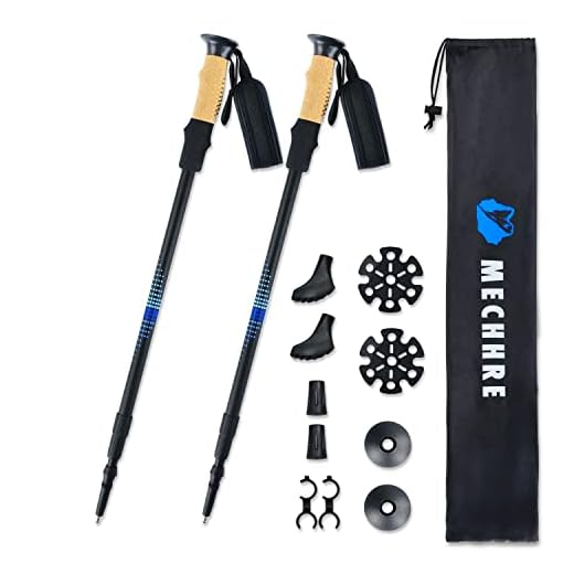 MECHHRE (2 par Aluminium Bâtons De Marche Randonnée Télescopique 65-135cm EVA Liège Respirant Poles Ultraléger 220g Trekking Antichoc Antidérapant (Bleu-Noir)