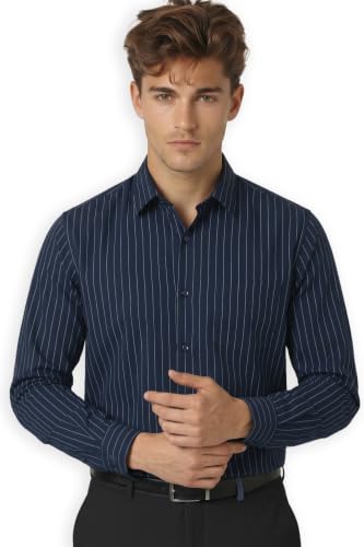 Image of Peter England Men's Slim Fit Full Sleeve Striped Formal Shirt | Cotton Rich | Wonder Fabric | Pin Point Oxford