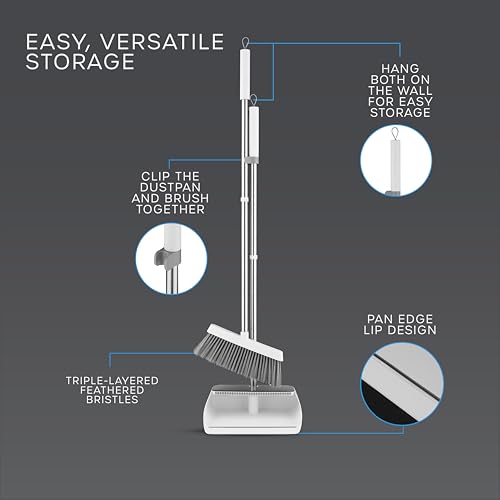 Swan Elevate Posture-Positive Kehrschaufel und Besen mit langem Griff, abgewinkelter Bürste und 3-lagigen, gefiederten, weichen Borsten, leicht zu reinigendem Kammsystem, Aufbewahrungsschlaufe, Weiß
