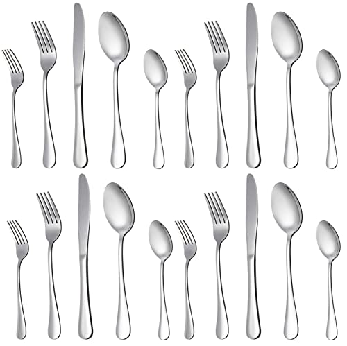 Image of Silverware Set 20 Pieces, Stainless Steel Flatware Set, Mirror Polish Cutlery Set, Utensil Sets Service Set for 4 (Silver, Set of 20)