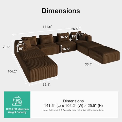 Image of Novilla 141 inch Modular Sectional Sofa, U Shape Oversized Sectional Couch, Modern Cloud Design with Smarts Coil Support, Boneless Couch for Large Living Room Apartment, No Assembly Required, Brown