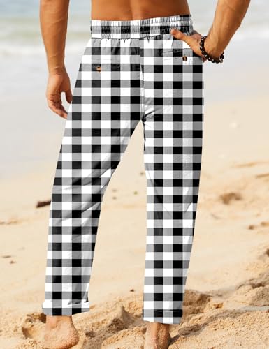 Image of iWoo Linen Pants Men Casual 2025 Summer Beach Elastic Drawstring Waist Yoga Pants Travel Baggy Work Pant Pajama