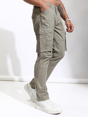 Image of Highlander Men's High-Rise Straight-Fit Cargo Trousers | Utility Pockets | Fashion & Function Blend | Carpenter Fit | Men Trousers | Trousers for Man |Cargo Pants for Men