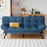 AMICLIBER Futon Sofa Bed Convertible Couch, Blue Linen Sofa Bed with Memory Foam, Adjustable Backrest & Armrests, Multifunctional Small Loveseat Sleeper Sofa for Living Room, Apartment, Office