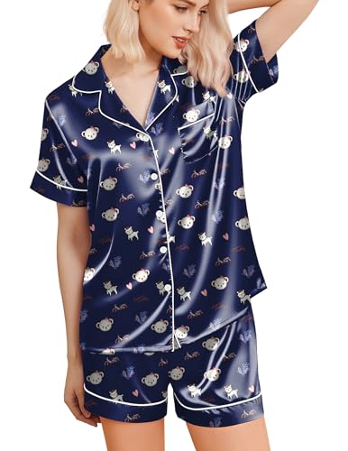 Image of Ekouaer Silk Pajamas for Women Funny Teddy Sleepwear Comfy Short Sleeve Button Down Loungewear Satin Pjs Shorts Set,Navy,S