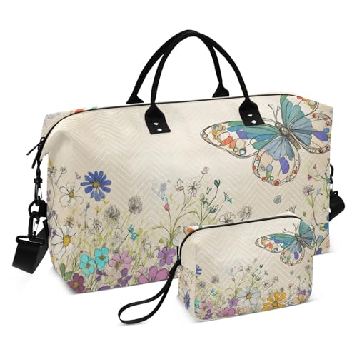 Florals Art Butterfly Travel Duffel Bag Gym Bag Sports Tote Bag with Multiple Interior Pockets Shoulder Weekender Bag for Women Men with Toiletry Bag 20.5”x 7.9”x 13.8”