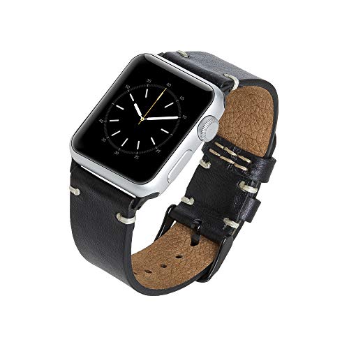 Venito Sarno Handmade Premium Leather Watch Band Compatible with the Newest Apple Watch iwatch Series 6 as well as Series 1,2,3,4,5,6,7,SE (Rustic Black w/Black Stainless Steel Hardware, 42mm-44mm)