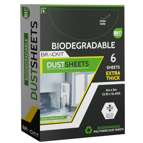 Brackit 6-Pack Biodegradable Large Plastic Dust Sheets for Decorating - 2.7m x 3.6m (12ftx 9ft) - 20 Micron - Embossed White Sheets for Painting - Waterproof Plastic Sheets for Painting & Covering