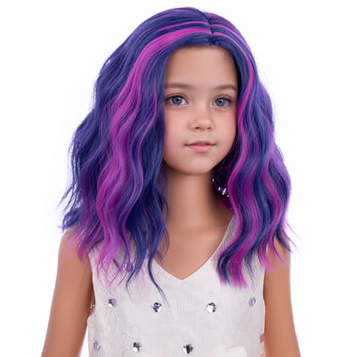 Image of PATTNIUM Kids Pink Blue and Purple Wig Girl Short Blue Wave Curly Wig Children Side Part Bob Wigs Synthetic Cosplay Party Hair