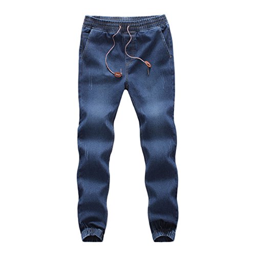 WUAI-Men Denim Jogger Jeans Comfy Strench Drawstring Elastic Waist Jeans Pants Plus Size(Dark Blue,Medium)