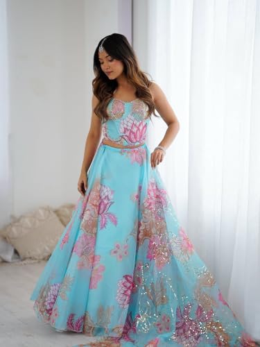 Image of MARUTI FASHION HOUSE Readymade Lehenga Choli Indo-Western Set For Womens & Girls Heavy Pure Organza digital printed 8mtr flair lehenga with canvas patta can can and with dori Chaniya Choli Wedding