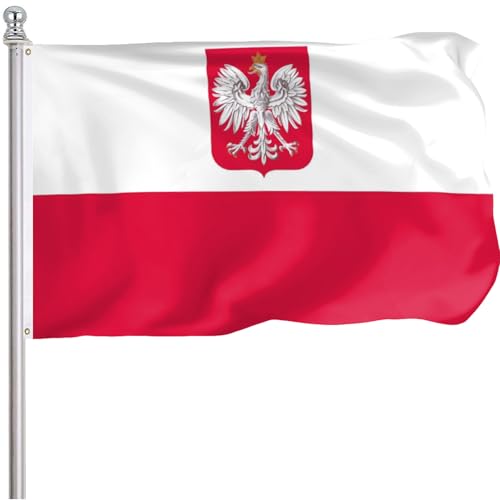 FLGCLUB Poland Ensign Flag 3x5 Ft Outdoor Vibrant Color Fade Resistant Polish Eagle Flags Polyster Double Stitched Canvas Header and Brass Grommets