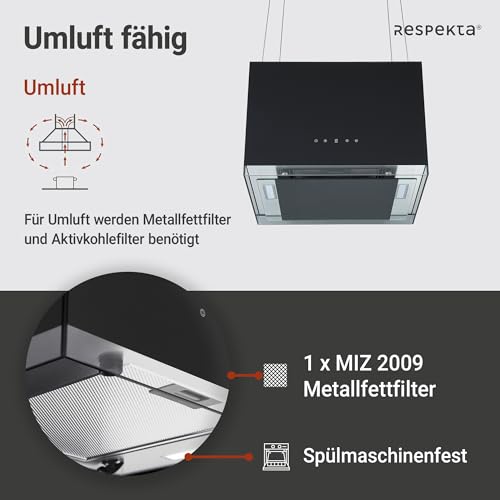Dunstabzugshaube Inselhaube 50 cm freihängend Designhaube Schwarz Touch Respekta