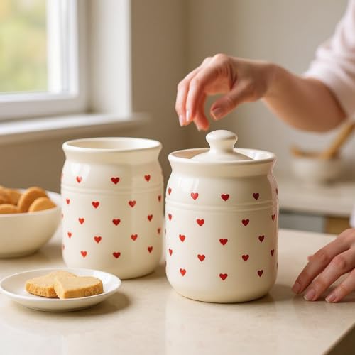 Image of Heart Print Ceramic Handglazed Pickle Jars Set of 2-1000 ML Each | 1 kg Achaar Martban Barni Jar with Lid | Ceramic Storage Jar Container Pickle /Achar, Chatney