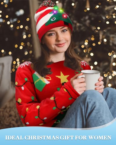 Liitrsh 3 Pack Christmas Tree Light up Ugly Sweaters for Women 2024 Knitted Xmas Tree Reindeer Hat Socks for Adults Holiday4