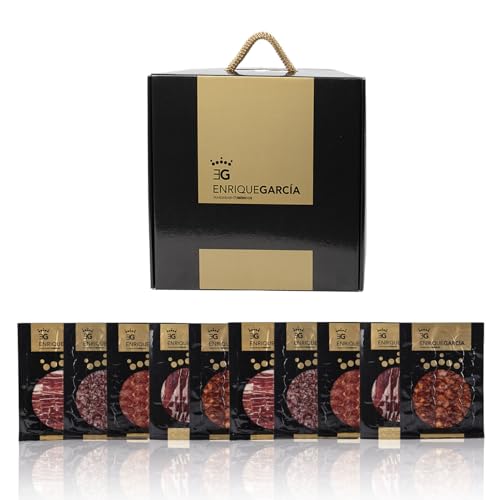 ENRIQUE GARCÍA – Surtido 100% Ibérico de Bellota | Caja Regalo con 10 Sobres de 100 g: 2 Chorizo, 2 Salchichón, 2 Lomo, 2 Paleta (corte a máquina) y 2 Jamón (corte a cuchillo)