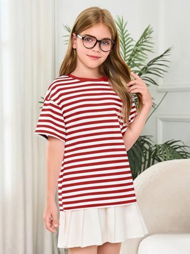 Image of Haloumoning Girls Striped Short Sleeve T Shirts Kids Summer Oversized Tops Casual Crewneck Tees 5-14 Years