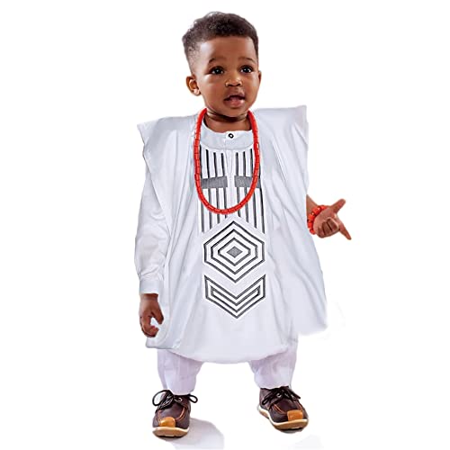 HD Traditionelle afrikanische Kleidung, nigerianischer Agbada Boubou Kaftan, Papa und Sohn, passendes Kleidungsset, Weiß-601, XXX-Large