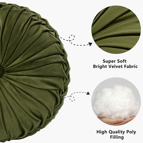 Image of HIG Set of 2 Decorative Round Pleated Throw Pillows, Classy Accent Pumpkin Throw Pillows with Center Button, Vintage Velvet Floor Pillows for Sofa Couch Vanity Chair Bed, Olive, 14.5 inch Diameter(Ripple)