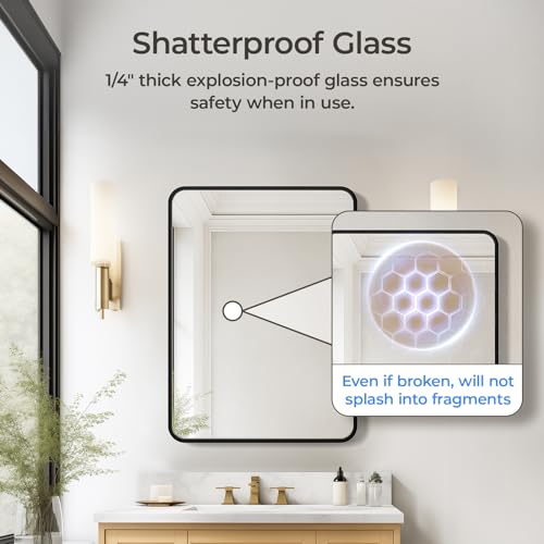 Image of USHOWER Black Bathroom Mirror for Over Sink 22 x 30 Inch, Matte Black Rectangle Mirror for Wall, Rounded Metal Frame Vanity Mirror