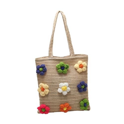 Sac paille tissé à fleurs beige spacieux et léger contre les sacs encombrants