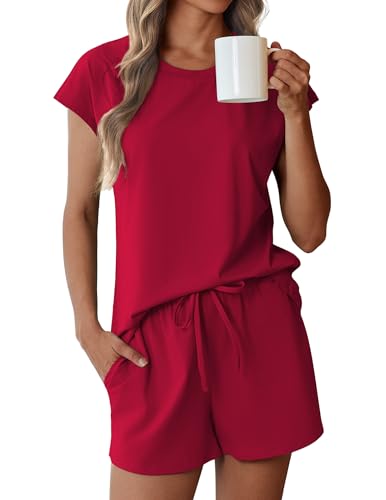 Image of Ekouaer Cotton Pajamas for Women Set 2 Piece Cap Sleeve Pjs Shorts Set Lounge Sets Sleepwear Large,Wine Red