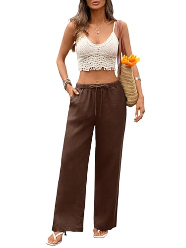 Women's Pure Linen Pants Wide Leg Loose Fit Drawstring 100% Linen Palazzo with Pockets