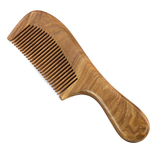 Handmade Natural Fine-tooth Comb: Anti-static Sandalwood Scent Hair-detangling Wooden Comb - Green Sandalwood Hair Comb for Women, Men and Kids (Round-handle Comb)