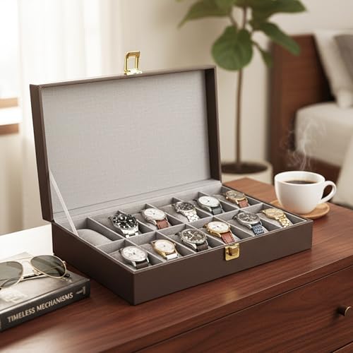 Image of MDF Unisex Faux Leather Watch Organiser Box with 12 Slots | Color: Brown
