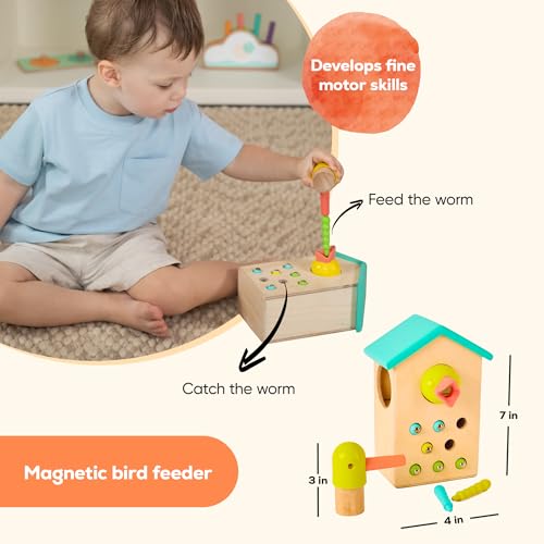 Image of Curious Cub Magnetic Bird Feeder, Montessori Magnet Toys for Kids | Wooden House Shape 2+ Years Kids Activity Toy, Improves Hand-Eye Reflexes, Colorful Educational Montessori Game for Toddlers
