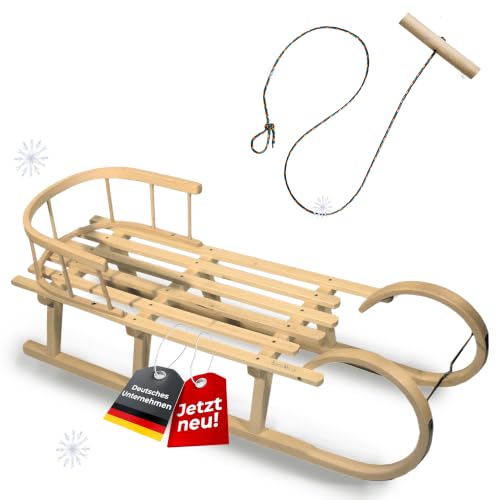 Hörnerrodel 120 cm für 2 Personen mit Holz-Rückenlehne – Holzrodel aus massivem Buchenholz – Rodelschlitten mit Leichtlauf-Stahlkufen – Zugseil & Holzgriff – Wintersportrodel