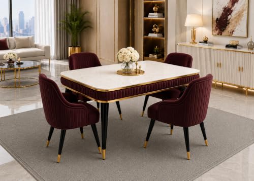 Image of WOODEN SPACE 4 Seater Wooden Dining Table Set | Urban Marble Top Dining Table with Chairs for Dining Room & Kitchen (Modern Zyro Maroon) (54 x 36 x 30 inch)