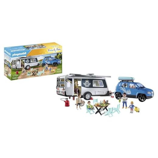 PLAYMOBIL Family Fun 71423 Wohnwagen mit Auto, Camping, vielseitiger Campingspaß in der Natur mit umfangreichem Zubehör, gemeinsamer Familientrip durch das ganze Land, Spielzeug für Kinder ab 4 Jahren