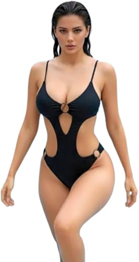 Chil Pookie Women’s Black Cut-Out One Piece Swimsuit with Adjustable Straps