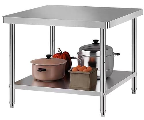 TUIYIDUO ステンレス 作業台 業務用 調理台 天板 90×60cm 厨房作業台 丸角デザイン ぶつかり防止 2段 ステンレステーブル キッチン置き棚 足調整可能 キッチン 飲食店 家庭用 日本語取扱説明書付き(シルバー,90x60x81cm)