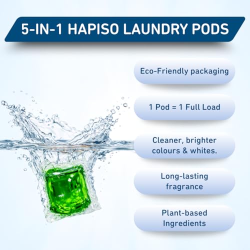 Image of Hapiso 5-in-1 Laundry Pods Morning Dew Fragrance Pack of 15 dissolvable laundry detergent capsules with Stain Removal, Fabric Care, and Long Lasting Fragrance for Front and Top Load Washing Machine