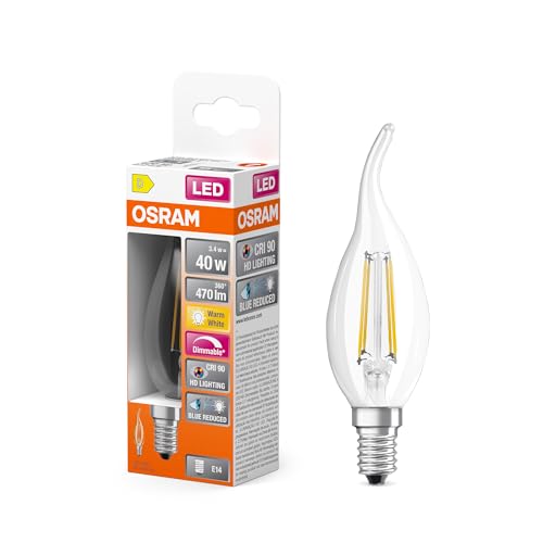 Osram Lamps Superstar dimmbare LED-Lampe besonders hoher Farbwiedergabe(CRI90) E14-Sockel,Filament-Optik,Warmweiß(2700K),470 Lumen,Ersatz herkömmliche 40W-Leuchtmittel,dimmbar,1-er Pack,4058075602830